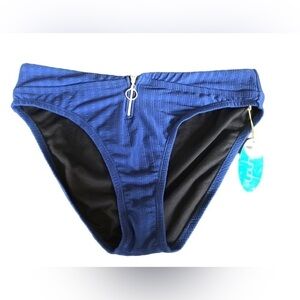 Mynah Catch A Wave Textured Navy Zipper High Waisted Bikini Bottom Sz. L NWT